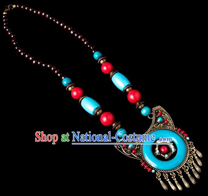 Traditional Chinese Zang Nationality Crafts, Handmade Tibet Beads Blue Tassel Sweater Chain, Tibetan Ethnic Minority Necklace Accessories Pendant for Women