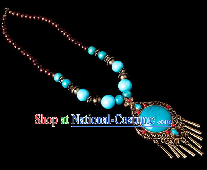 Traditional Chinese Zang Nationality Crafts, China Handmade Tibet Beads Blue Drop-shaped Tassel Sweater Chain, Tibetan Ethnic Minority Necklace Accessories Pendant for Women