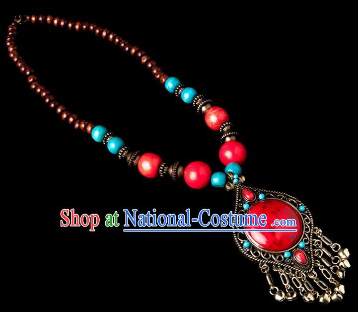 Traditional Chinese Zang Nationality Crafts, China Handmade Tibet Beads Red Drop-shaped Tassel Sweater Chain, Tibetan Ethnic Minority Necklace Accessories Pendant for Women