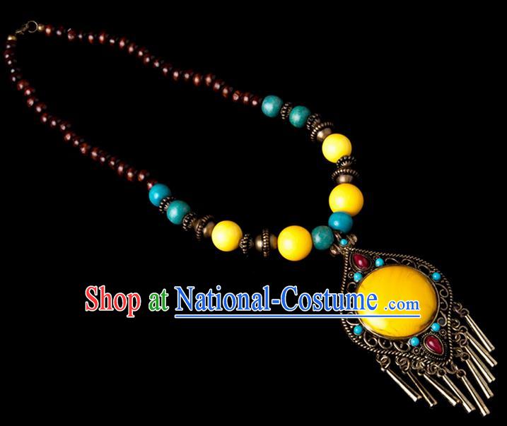 Traditional Chinese Zang Nationality Crafts, China Handmade Tibet Beads Yellow Drop-shaped Tassel Sweater Chain, Tibetan Ethnic Minority Necklace Accessories Pendant for Women