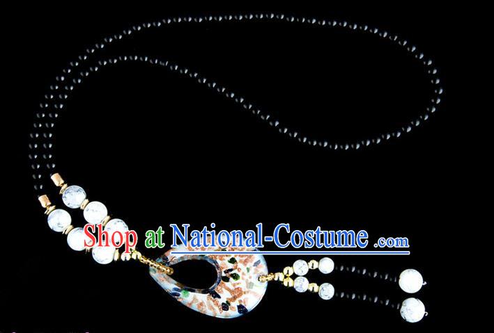 Traditional Chinese Zang Nationality Crafts, China Handmade Tibet Coloured Glaze Beads White Drop-shaped Tassel Sweater Chain, Tibetan Ethnic Minority Necklace Accessories Pendant for Women