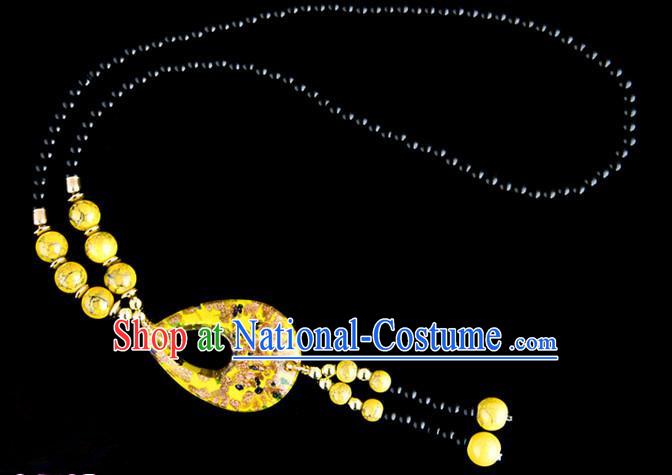 Traditional Chinese Zang Nationality Crafts, China Handmade Tibet Coloured Glaze Beads Yellow Drop-shaped Tassel Sweater Chain, Tibetan Ethnic Minority Necklace Accessories Pendant for Women