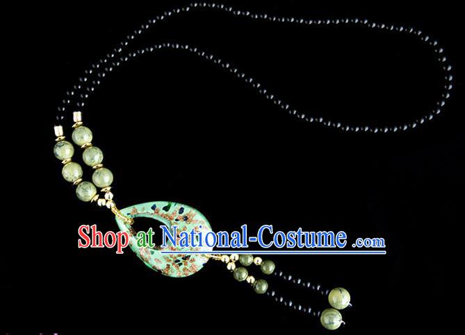 Traditional Chinese Zang Nationality Crafts, China Handmade Tibet Coloured Glaze Beads Green Drop-shaped Tassel Sweater Chain, Tibetan Ethnic Minority Necklace Accessories Pendant for Women