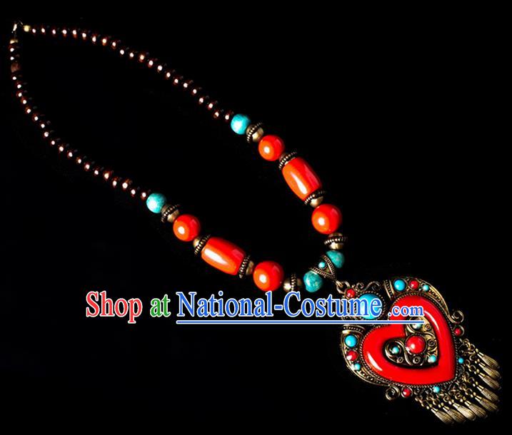 Traditional Chinese Zang Nationality Crafts, China Handmade Tibet Red Beads Heart-shaped Tassel Sweater Chain, Tibetan Ethnic Minority Necklace Accessories Pendant for Women