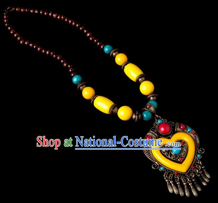 Traditional Chinese Zang Nationality Crafts, China Handmade Tibet Yellow Beads Heart-shaped Tassel Sweater Chain, Tibetan Ethnic Minority Necklace Accessories Pendant for Women