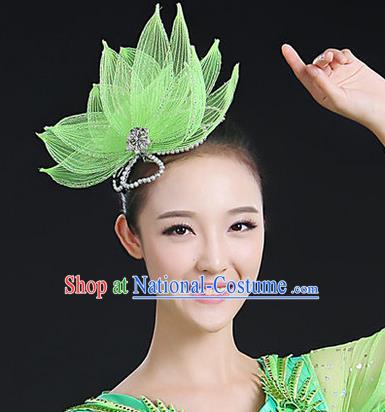 Traditional Handmade Chinese Yangge Fan Dancing Classical Hair Accessories, Folk Dance Yangko Peacock Dance Green Lotus Flower Headwear For Women