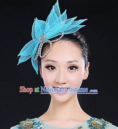 Traditional Handmade Chinese Yangge Fan Dancing Classical Hair Accessories, Folk Dance Yangko Peacock Dance Blue Lotus Flower Headwear For Women