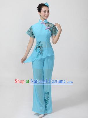 Traditional Chinese Yangge Fan Dancing Costume, Folk Dance Yangko Costume Drum Dance Classic Dance Blue Clothing for Women