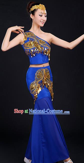 Traditional Chinese Dai Nationality Peacock Dancing Costume, Folk Dance Ethnic Paillette Dress, Chinese Minority Nationality Classic Dance Royalblue Costume for Women