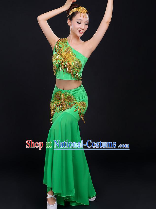 Traditional Chinese Dai Nationality Peacock Dancing Costume, Folk Dance Ethnic Paillette Dress, Chinese Minority Nationality Classic Dance Green Costume for Women