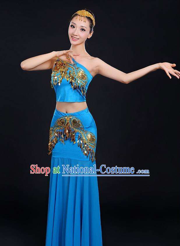 Traditional Chinese Dai Nationality Peacock Dancing Costume, Folk Dance Ethnic Paillette Dress, Chinese Minority Nationality Classic Dance Blue Costume for Women