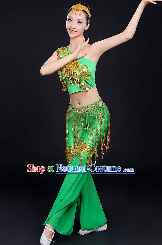 Traditional Chinese Dai Nationality Peacock Dancing Costume, Folk Dance Ethnic Paillette Dress Uniform, Chinese Minority Nationality Dancing Green Clothing for Women