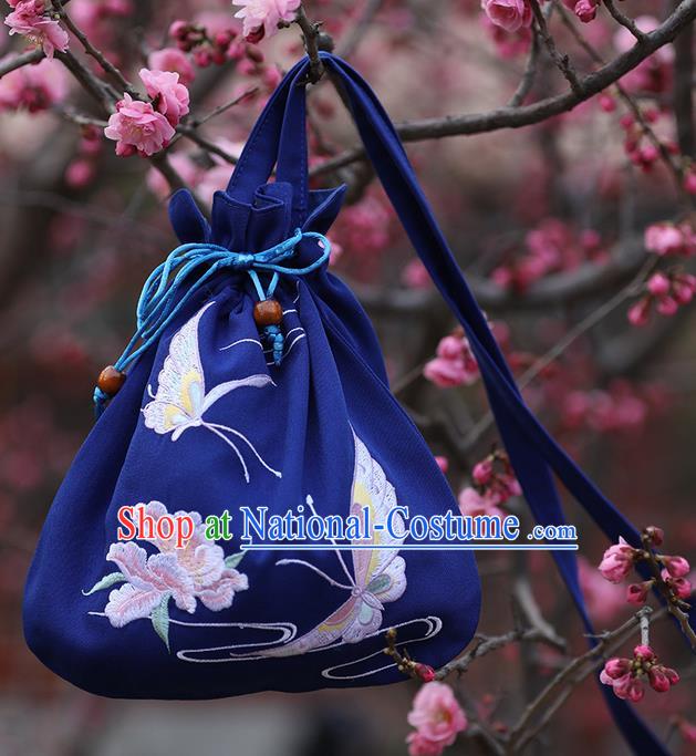 Traditional Ancient Chinese Young Lady Elegant Embroidered Butterfly Royalblue Handbags Cloth Bags for Women