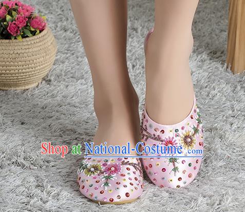 Traditional Chinese Shoes, China Handmade Linen Embroidered Beads Sequins Pink Slippers, Ancient Princess Satin Cloth Shoes for Women