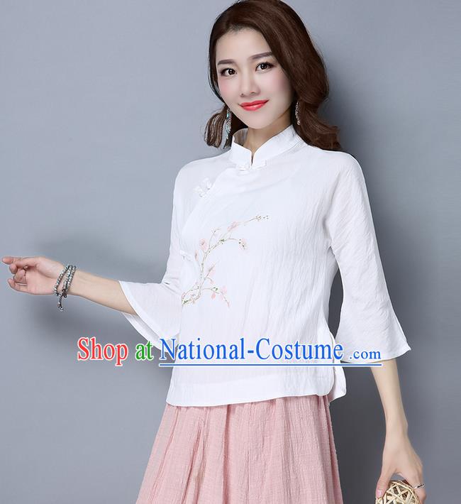 Traditional Chinese National Costume, Elegant Hanfu Embroidered Flowers Mandarin Sleeve White T-Shirt, China Tang Suit Republic of China Plated Buttons Chirpaur Blouse Cheong-sam Upper Outer Garment Qipao Shirts Clothing for Women