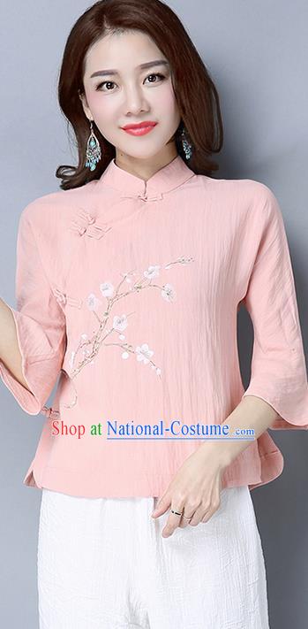 Traditional Chinese National Costume, Elegant Hanfu Embroidered Flowers Mandarin Sleeve Pink T-Shirt, China Tang Suit Republic of China Plated Buttons Chirpaur Blouse Cheong-sam Upper Outer Garment Qipao Shirts Clothing for Women