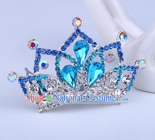 Top Grade Handmade Chinese Classical Hair Accessories, Children Baroque Style Headband Princess Royal Crown Blue Rhinestone Imperial Crown, Hair Sticks Hair Jewellery, Hair Clasp for Kids Girls