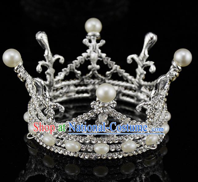 Top Grade Handmade Chinese Classical Hair Accessories, Children Baroque Style Headband Princess Royal Crown Pearl Rhinestone Round Imperial Crown, Hair Sticks Hair Jewellery, Hair Clasp for Kids Girls