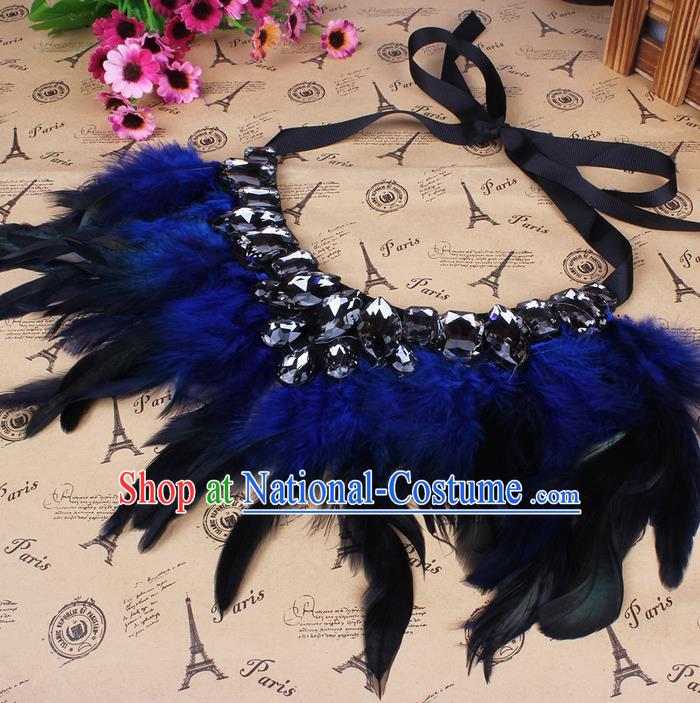 Top Grade Handmade Chinese Classical Accessories, Children Baroque Style Necklace, Full Dress Blue Feather Torques Collar for Kids Girls