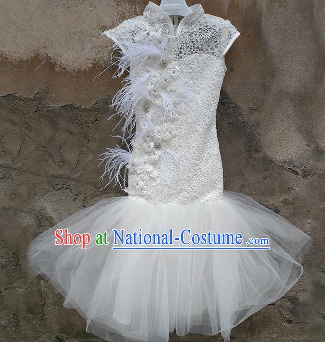 Traditional Chinese Modern Dancing Compere Costume, Children Opening Classic Chorus Singing Group Dance Princess Fishtail Full Dress, Modern Dance Classic Dance Bubble Dress for Girls Kids