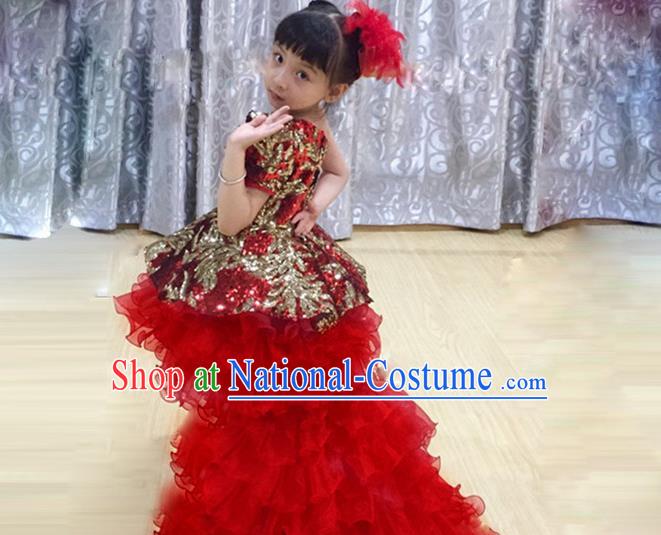 Traditional Chinese Modern Dancing Compere Performance Costume, Children Opening Classic Chorus Singing Group Dance Red Paillette Princess Full Dress, Modern Dance Classic Dance Trailing Dress for Girls Kids