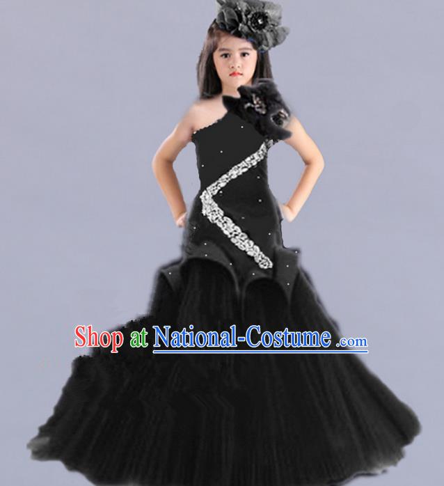 Traditional Chinese Modern Dancing Compere Performance Costume, Children Opening Classic Chorus Singing Group Dance Princess Black Fishtail Full Dress, Modern Dance Classic Dance Dress for Girls Kids