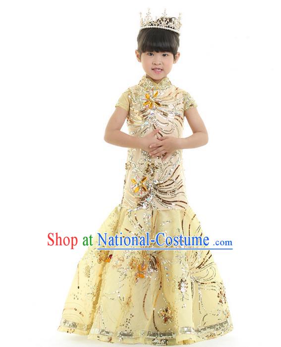 Top Grade Chinese Compere Performance Catwalks Costume, Children Chorus Singing Group Baby Princess Full Dress Modern Dance Mermaid Long Dress for Girls Kids