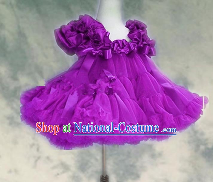 Top Grade Chinese Compere Professional Performance Catwalks Costume, Children Chorus Purple Bubble Formal Dress Modern Dance Baby Princess Veil Short Dress for Girls Kids