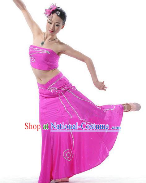 Traditional Chinese Dai Nationality Peacock Dancing Costume, Folk Dance Ethnic Costume, Chinese Minority Nationality Dancing Pink Dress for Women