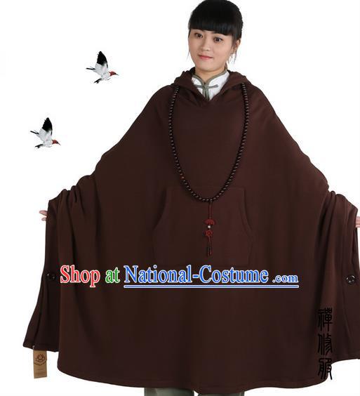 Top Kung Fu Costume Martial Arts Brownness Hooded Cloak Pulian Clothing, Tai Ji Mantle Gongfu Shaolin Wushu Tai Chi Meditation Cape for Women