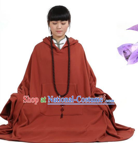 Top Kung Fu Costume Martial Arts Orange Hooded Cloak Pulian Clothing, Tai Ji Mantle Gongfu Shaolin Wushu Tai Chi Meditation Cape for Women