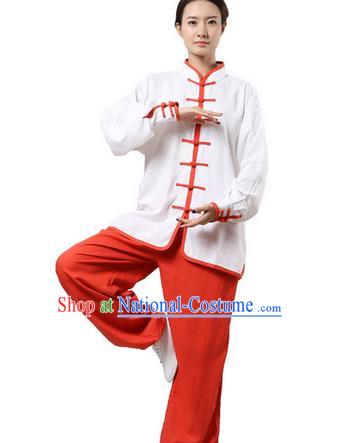 Top Grade Kung Fu Costume Martial Arts White Red Edge Suits Pulian Zen Clothing, Training Costume Tai Ji Uniforms Gongfu Shaolin Wushu Tai Chi Plated Buttons Clothing for Women