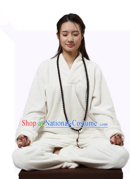 Top Grade Kung Fu Costume Martial Arts Thicken Flannel White Cloak Suits Pulian Zen Clothing, Training Costume Tai Ji Uniforms Gongfu Shaolin Wushu Tai Chi Clothing for Women