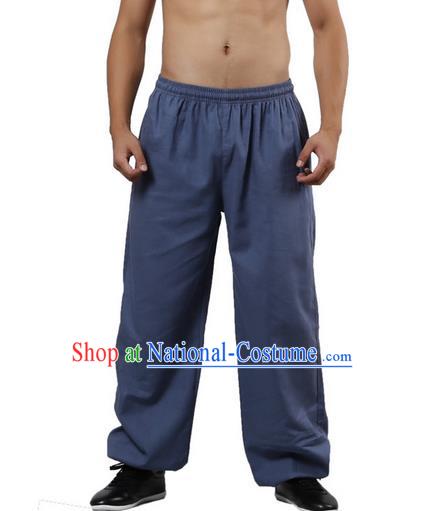 Top Grade Kung Fu Costume Martial Arts Blue Linen Pants Pulian Zen Clothing, Training Bloomers Gongfu Trousers Shaolin Wushu Tai Chi Plus Fours for Men