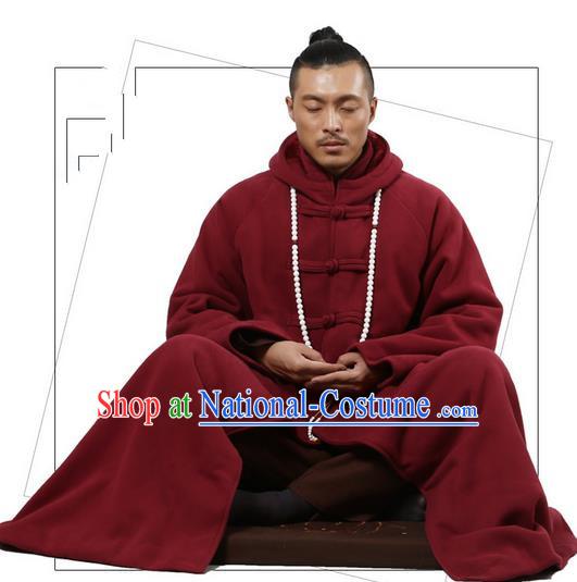 Top Kung Fu Costume Martial Arts Wine Red Cloak Pulian Clothing, Tai Ji Mantle Gongfu Shaolin Wushu Tai Chi Meditation Plated Buttons Cape for Women for Men