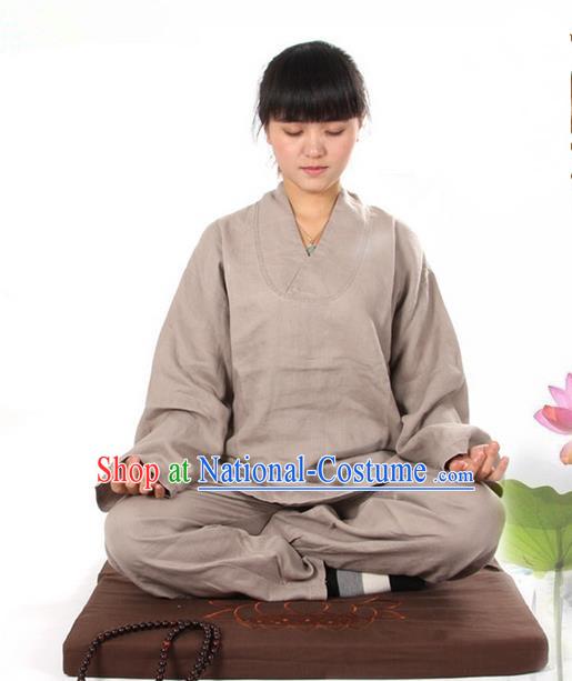 Top Grade Kung Fu Costume Martial Arts Linen Meditation Suits Pulian Zen Clothing, Training Costume Tai Ji Khaki Uniforms Gongfu Shaolin Wushu Tai Chi Clothing for Women