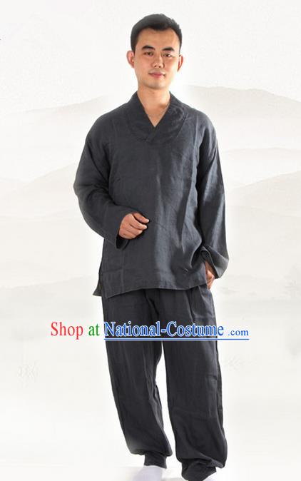 Top Grade Kung Fu Costume Martial Arts Linen Meditation Suits Pulian Zen Clothing, Training Costume Tai Ji Deep Grey Uniforms Gongfu Shaolin Wushu Tai Chi Clothing for Women