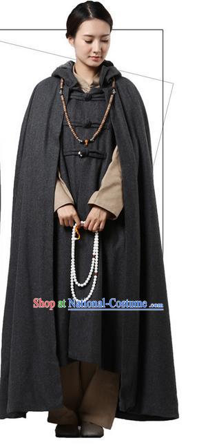 Top Kung Fu Costume Martial Arts Deep Grey Woolen Cloak Pulian Clothing, Tai Ji Mantle Gongfu Shaolin Wushu Tai Chi Meditation Cape for Women for Men