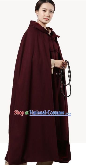 Top Kung Fu Costume Martial Arts Wine Red Woolen Cloak Pulian Clothing, Tai Ji Mantle Gongfu Shaolin Wushu Tai Chi Meditation Cape for Women for Men