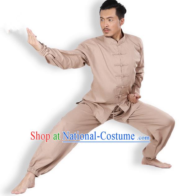 Top Grade Kung Fu Costume Martial Arts Khaki Linen Suits Pulian Zen Clothing, Training Costume Tai Ji Meditation Uniforms Gongfu Wushu Tai Chi Plated Buttons Clothing for Men