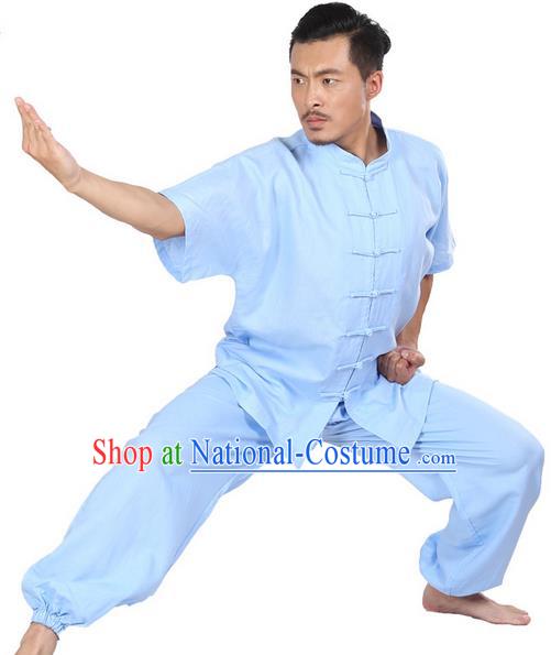 Top Grade Kung Fu Costume Martial Arts Light Blue Linen Suits Pulian Zen Clothing, Training Costume Tai Ji Meditation Uniforms Gongfu Wushu Tai Chi Short Sleeve Clothing for Men