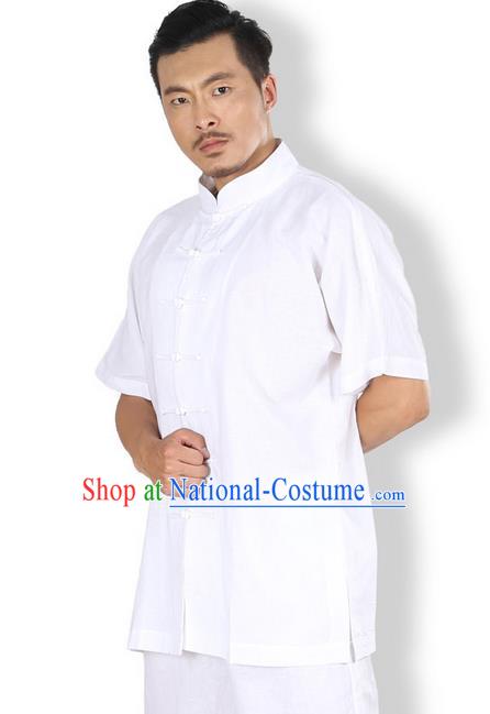 Top Grade Kung Fu Costume Martial Arts White Linen Suits Pulian Zen Clothing, Training Costume Tai Ji Meditation Uniforms Gongfu Wushu Tai Chi Short Sleeve Clothing for Men