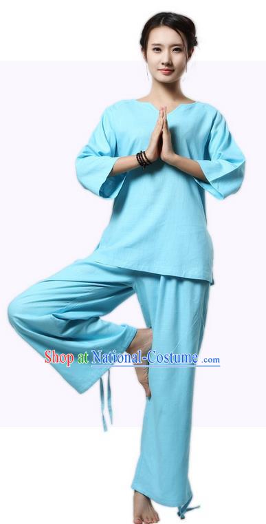 Top Grade Kung Fu Costume Martial Arts Blue Linen Suits Pulian Clothing, Zen Costume Tai Ji Meditation Uniforms Wushu Tai Chi Short Sleeve Clothing for Women