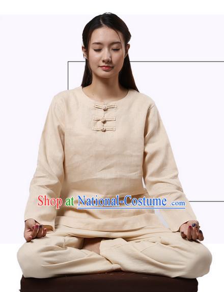 Top Grade Kung Fu Costume Martial Arts Beige Linen Suits Pulian Clothing, Zen Costume Tai Ji Meditation Uniforms Wushu Tai Chi Long Sleeve Clothing for Women