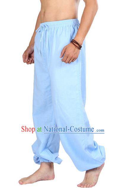 Top Grade Kung Fu Costume Martial Arts Blue Linen Pants Pulian Zen Clothing, Training Bloomers Gongfu Meditation Trousers Shaolin Wushu Tai Chi Plus Fours for Men