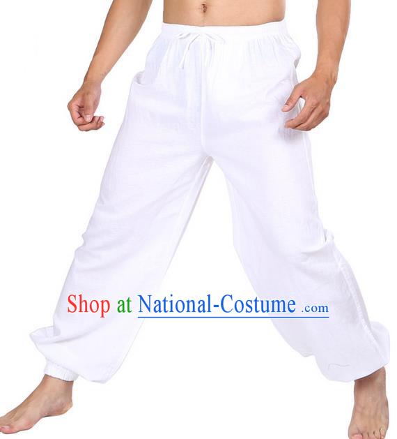 Top Grade Kung Fu Costume Martial Arts White Linen Pants Pulian Zen Clothing, Training Bloomers Gongfu Meditation Trousers Shaolin Wushu Tai Chi Plus Fours for Men