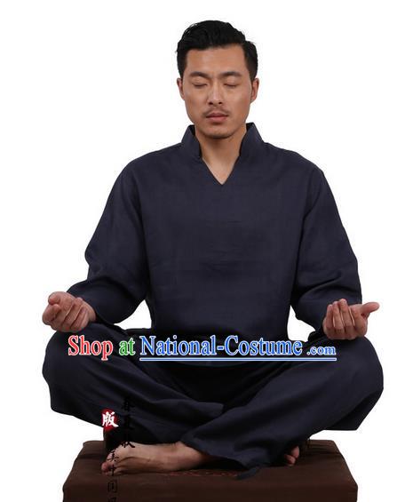 Traditional Chinese Kung Fu Costume Martial Arts Navy Linen Training Suits Pulian Clothing, Tai Ji Meditation Uniforms Gongfu Wushu Tai Chi Clothing for Men