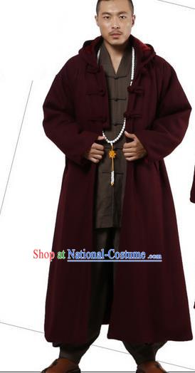 Top Grade Kung Fu Costume Martial Arts Woolen Pulian Clothing Wine Red Long Coat, Gongfu Shaolin Wushu Tai Chi Tang Suit Meditation Dust Coat for Women for Men