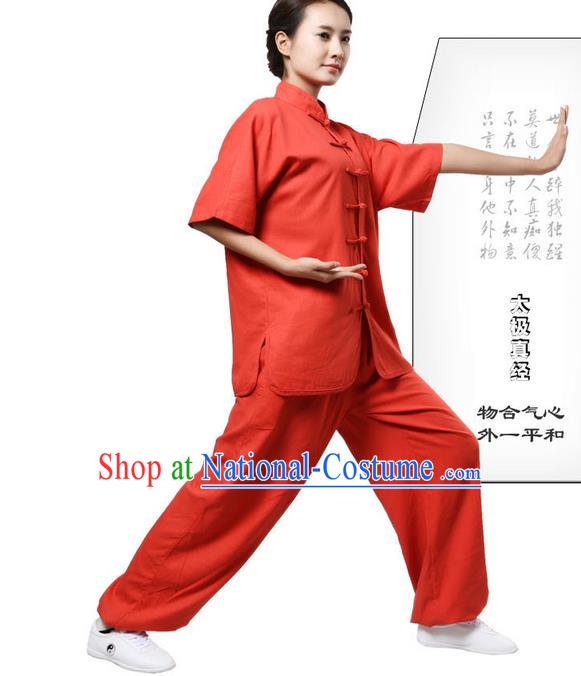 Traditional Chinese Kung Fu Costume Martial Arts Linen Watermelon Red Suits Pulian Meditation Clothing, Tang Suit Plated Buttons Uniforms Tai Chi Clothing for Women