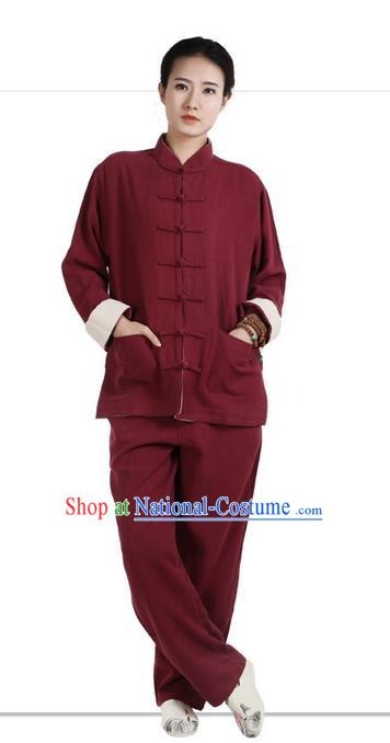 Traditional Chinese Kung Fu Costume Martial Arts Wine Red Ramine Suits Pulian Meditation Clothing, Tai Ji Uniforms Wushu Tai Chi Zen Clothing for Women for Men